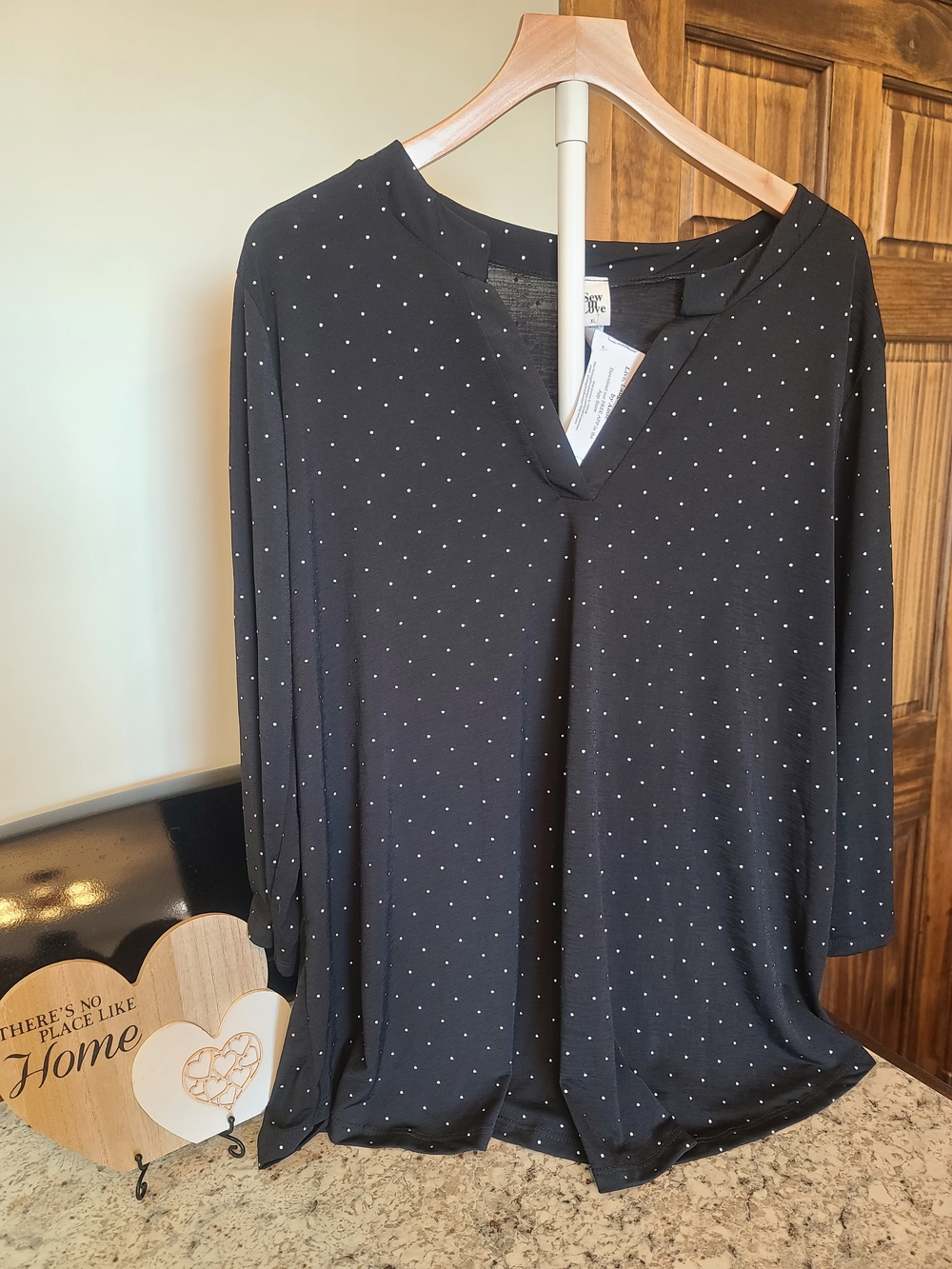 Sew In Love Black V-Neck Long Sleeve Top with White Polka Dots